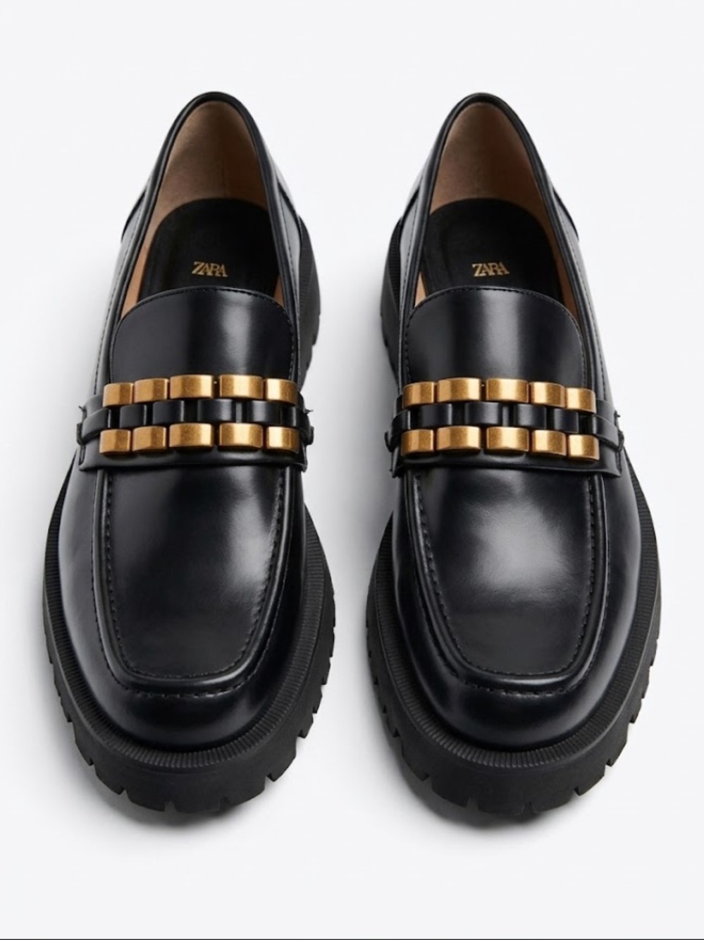 Zara Black and Gold Embellished Chunky Lug Sole Loafers - Size EU 40 (US Size 9)